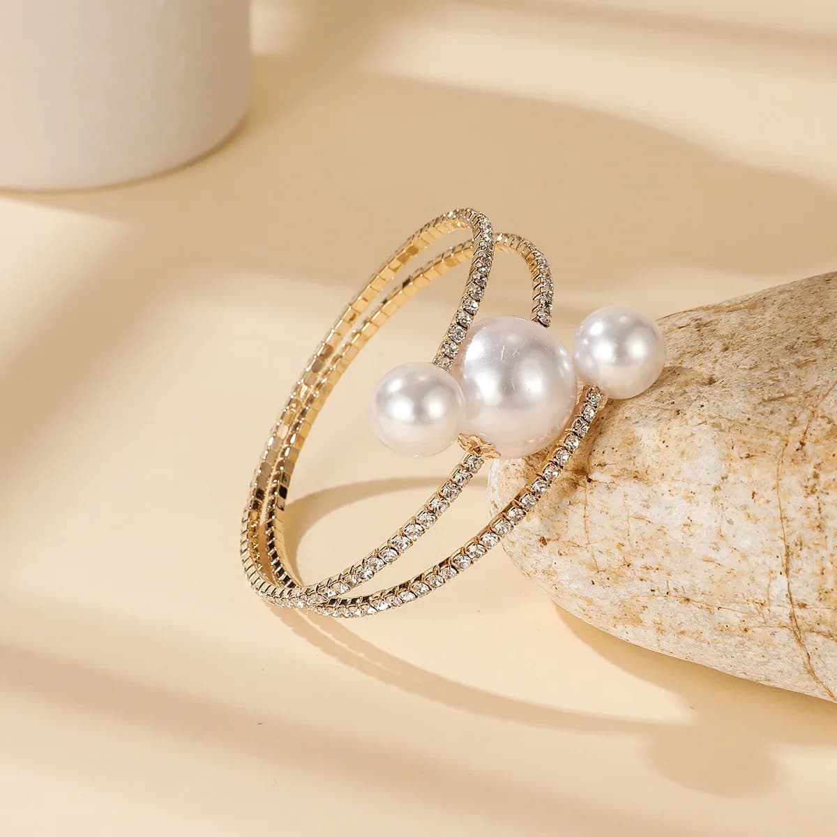 Radiant Coiled Wrap Around Bracelet Glossy Faux Pearl and Shining Rhinestone Embellishment Alloy Fashion Wrist Bangle