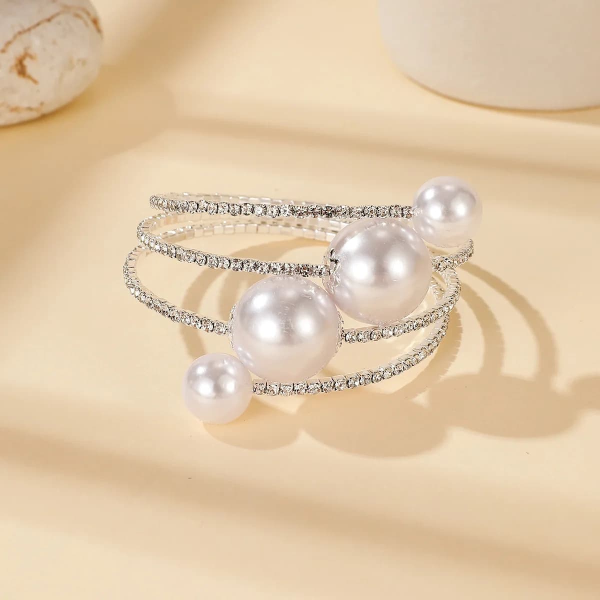Radiant Coiled Wrap Around Bracelet Glossy Faux Pearl and Shining Rhinestone Embellishment Alloy Fashion Wrist Bangle