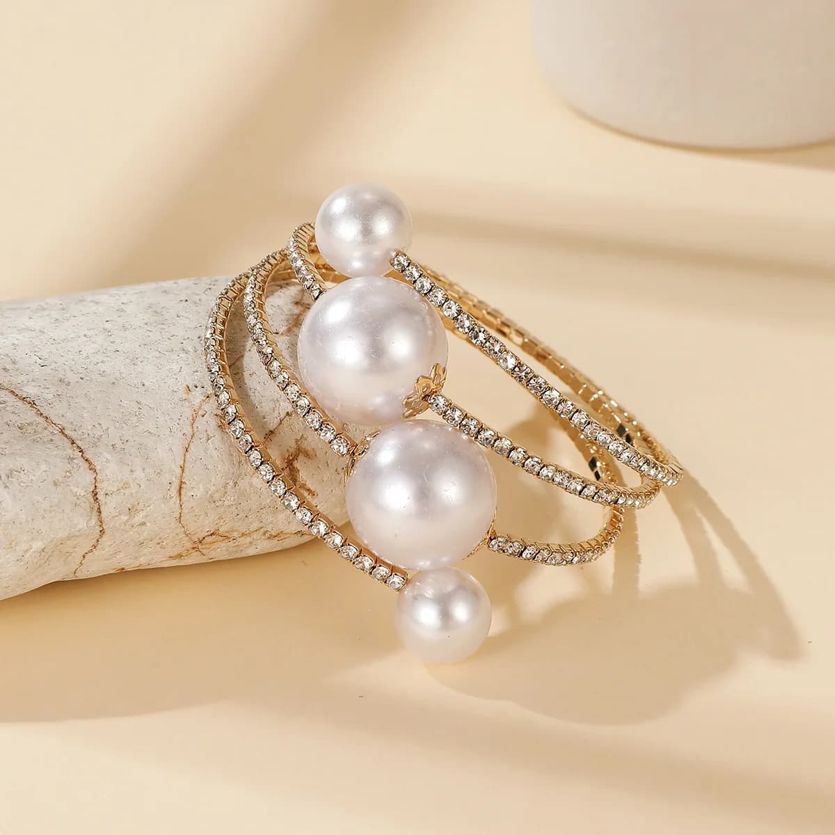 Radiant Coiled Wrap Around Bracelet Glossy Faux Pearl and Shining Rhinestone Embellishment Alloy Fashion Wrist Bangle